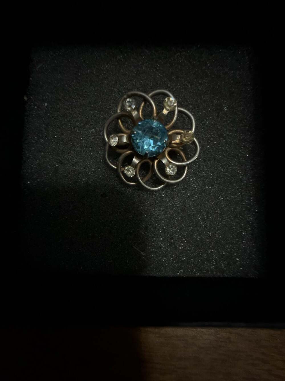 Vintage Flower Brooch Blue Rhinestone Silvery Gold Tone